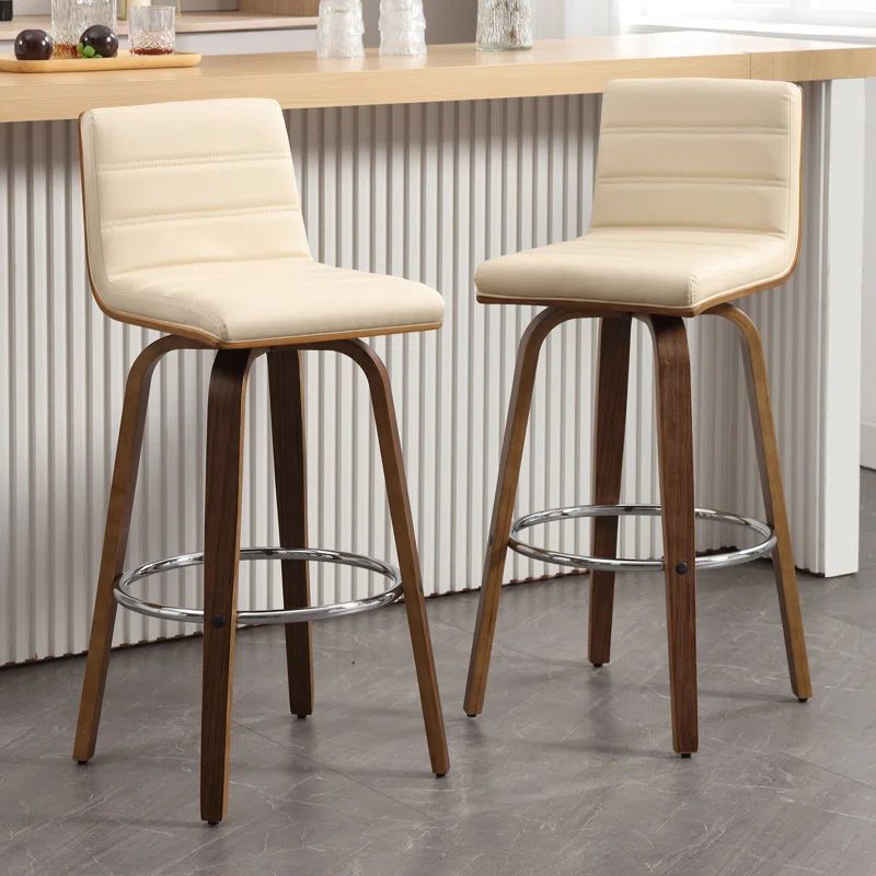 Beige Faux Leather Swivel Bar Stools with Walnut Legs, Set of 2