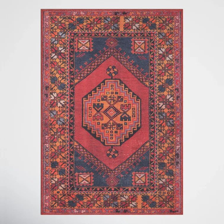 Afshar Red and Navy Geometric 5' x 7'6" Synthetic Area Rug