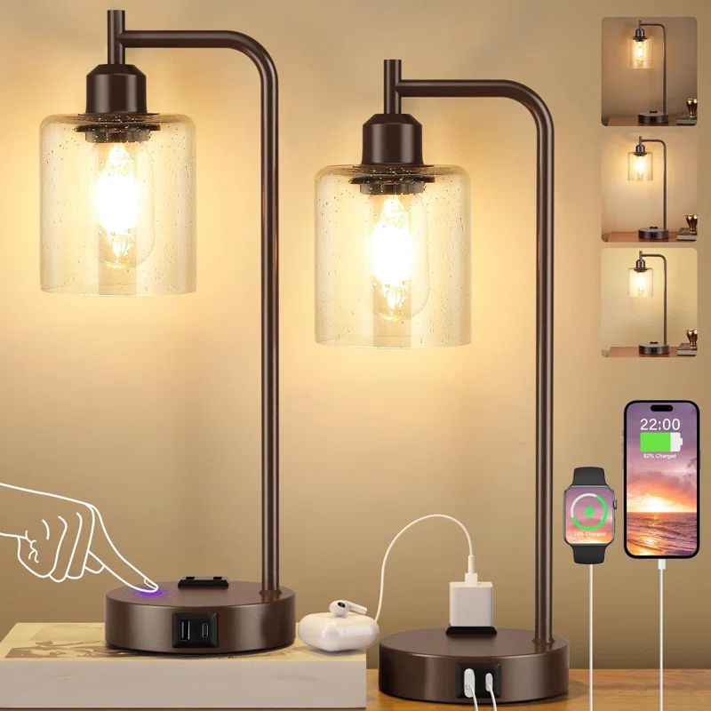 Industrial Black Metal Touch Table Lamps Set with Clear Glass Shade