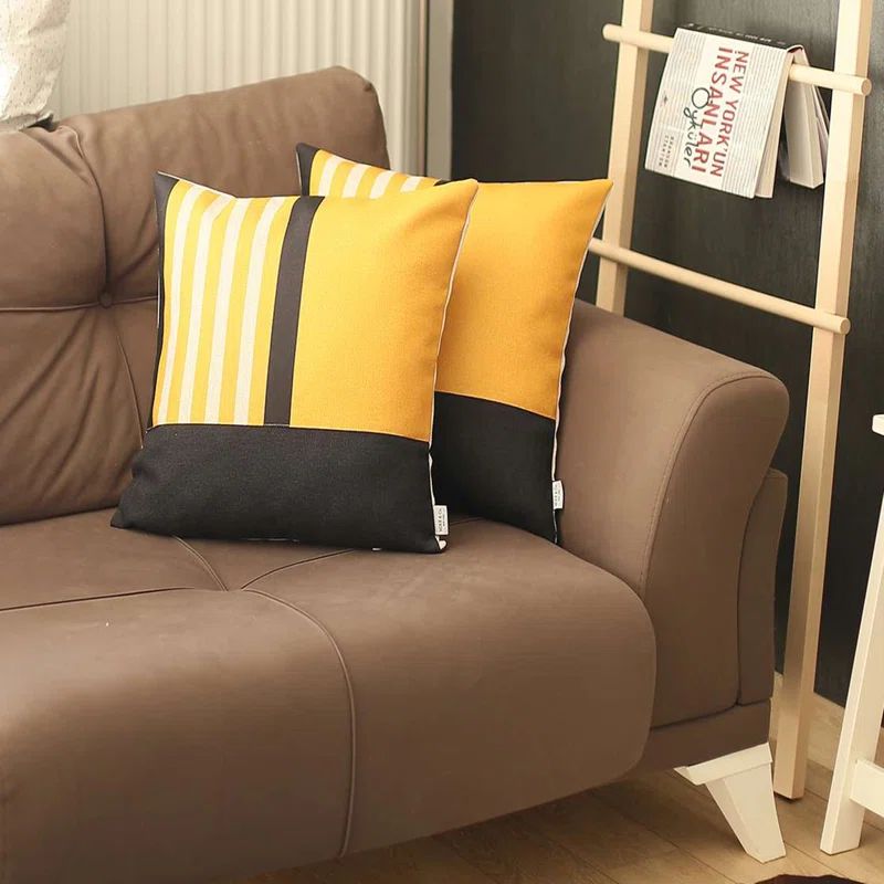 Yellow and Black Geometric Polyester Euro Pillow Covers Set of 2