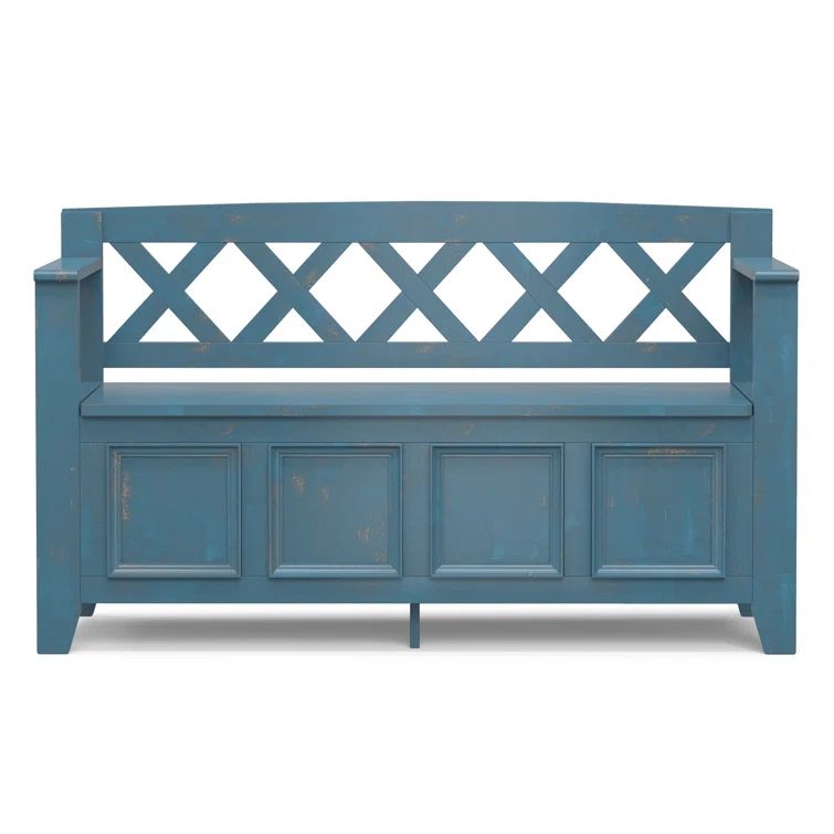 Distressed Coastal Blue Solid Wood Entryway Storage Bench
