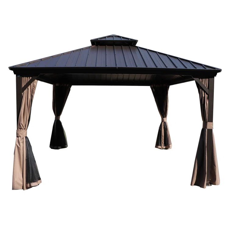 Brown 12'x12' Aluminum Hardtop Gazebo with Curtains and Netting