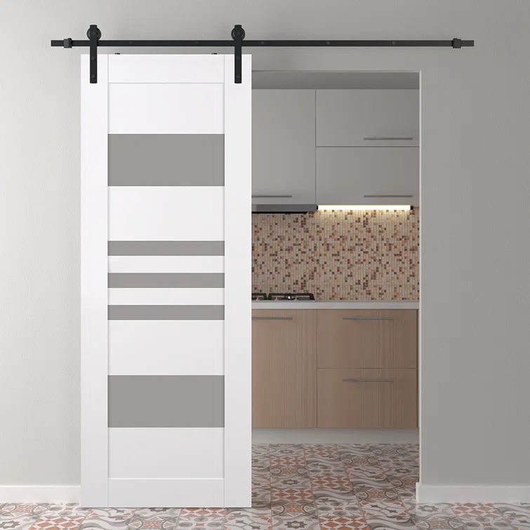 White Composite Barn Door with Frosted Glass Panels