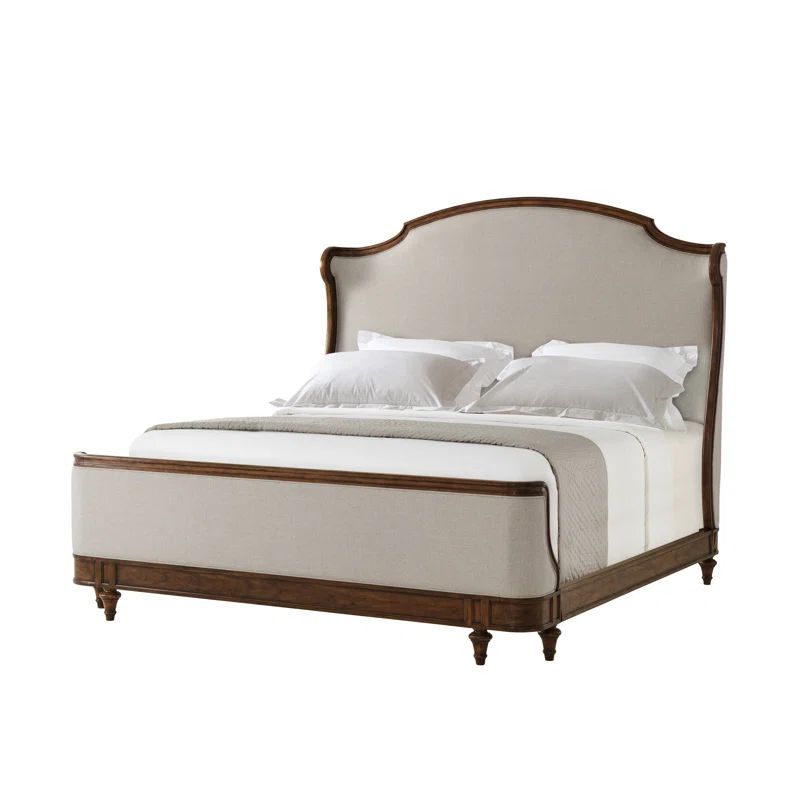 Beige & Brown Beech Oak King Platform Bed with Upholstered Headboard