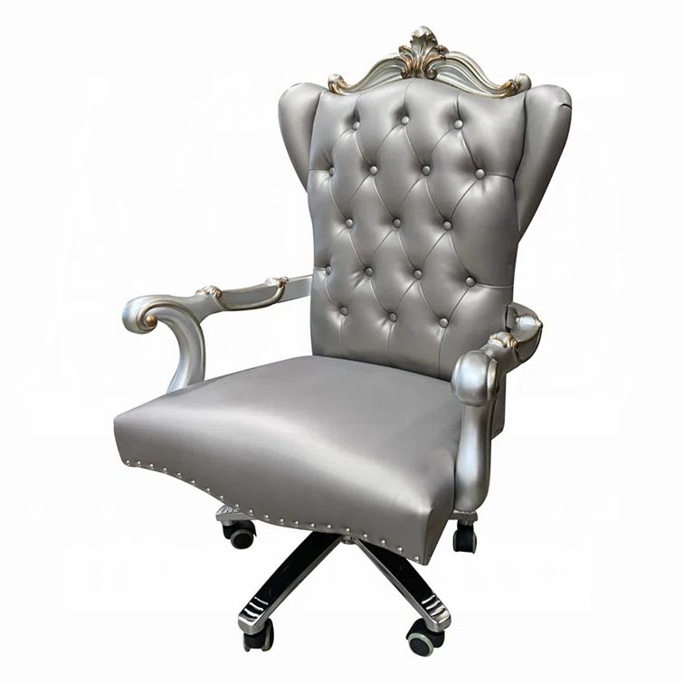 White High Back Leather Executive Swivel Chair with Wood Base