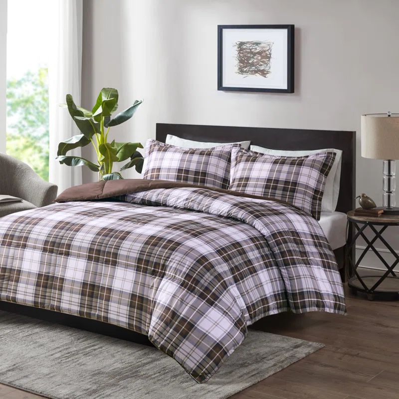 King Brown Plaid Microfiber Reversible Comforter Set