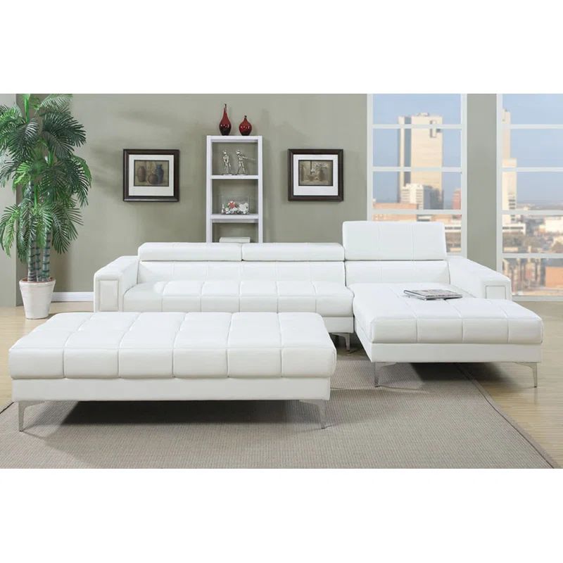 White Faux Leather Tufted Sleeper Sofa Set with Ottoman