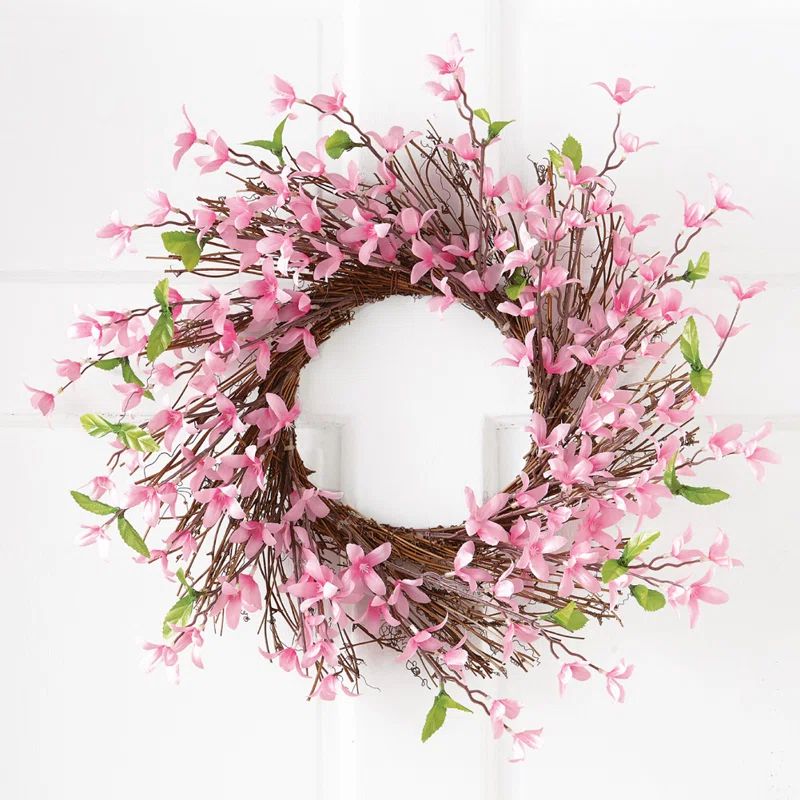 Pink Forsythia Floral Twig Spring Outdoor Wreath, 22 inches