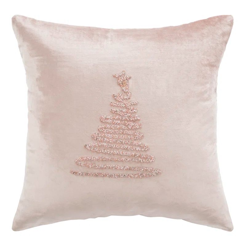 Beige 20" Square Cotton and Viscose Holiday Pillow