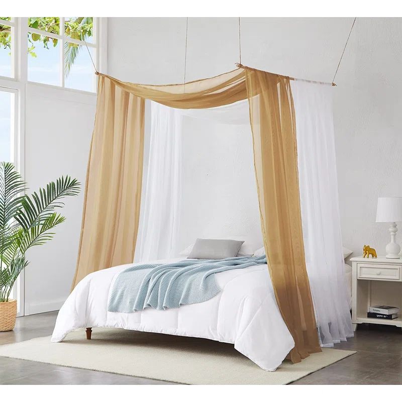 Twin Size White and Caramel Gold Polyester Canopy Bed Curtains
