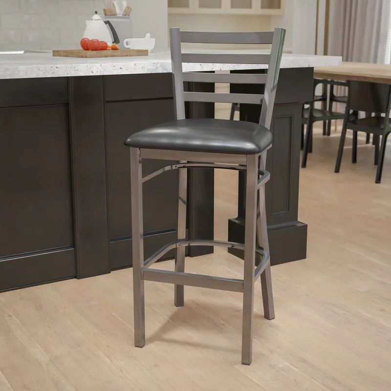 Silver Ladder Back 42" Metal Barstool with Black Vinyl Seat