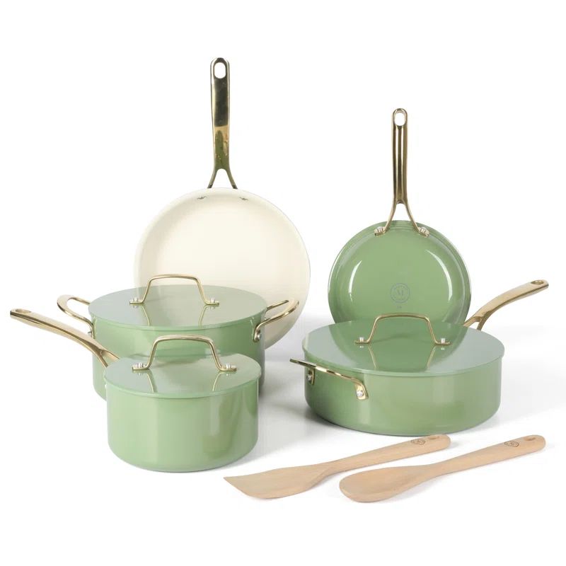 Sage Green and Gold 10-Piece Nonstick Aluminum Cookware Set