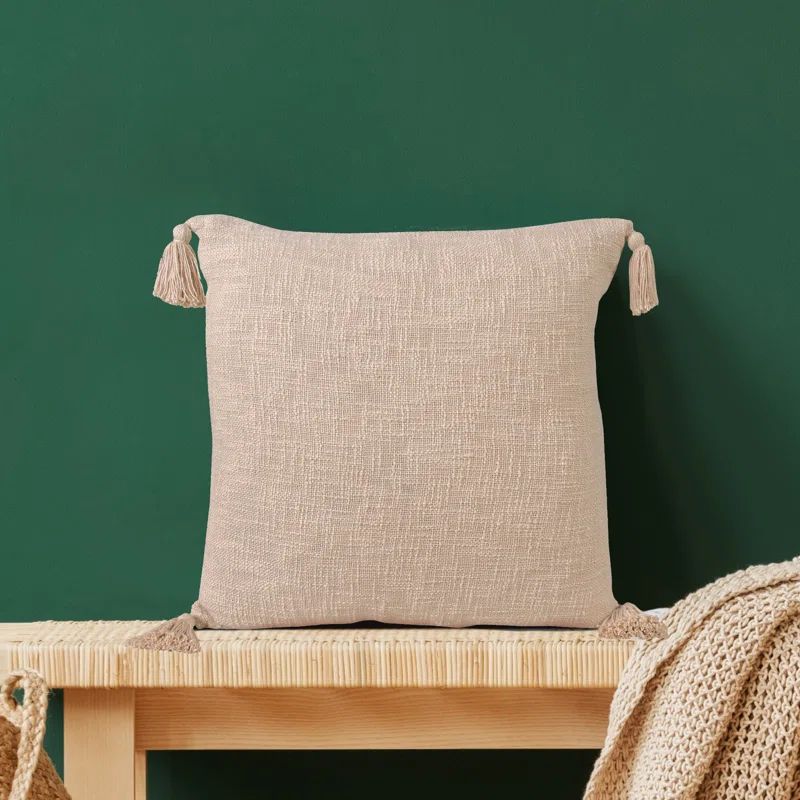 Navy Blue Cotton Reversible Throw Pillow with Tassels, 20" x 20"