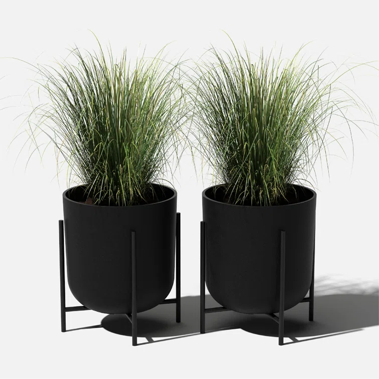 Kona 15" Black Plastic-Stone Planter with Steel Stand - Set of 2
