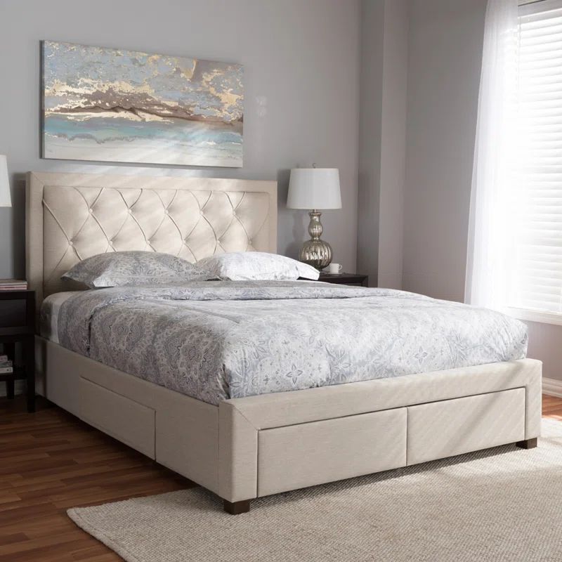 Beige King Upholstered Storage Bed with Tufted Headboard and Drawers
