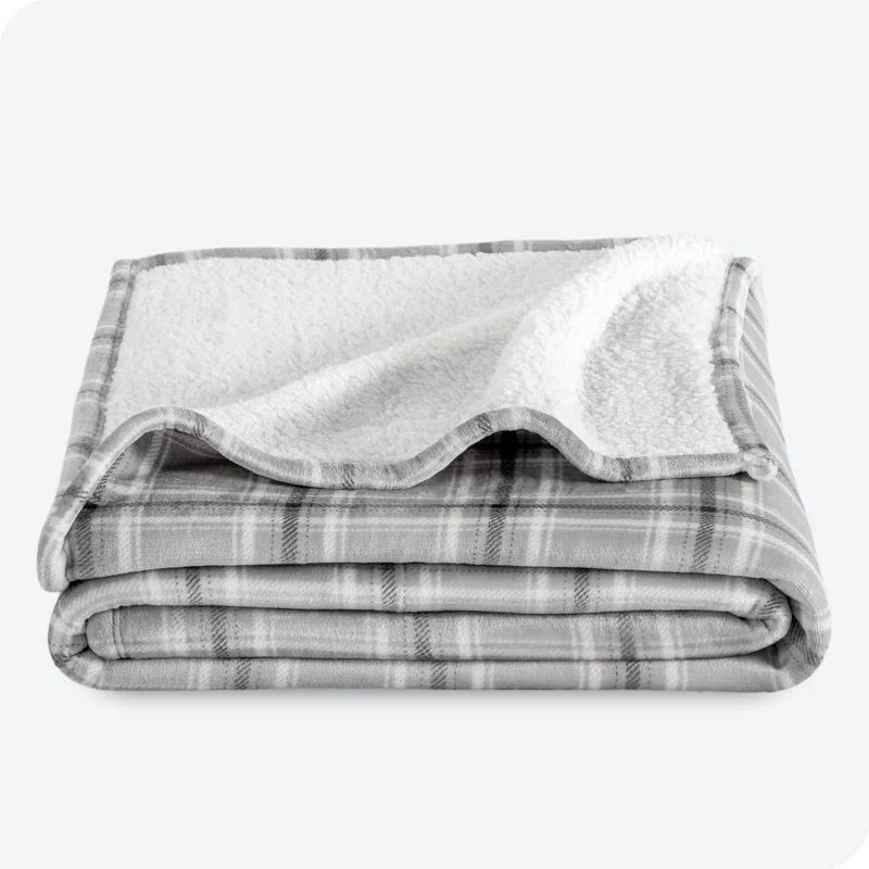 Twin Gray Tartan Plaid Sherpa Fleece Reversible Blanket