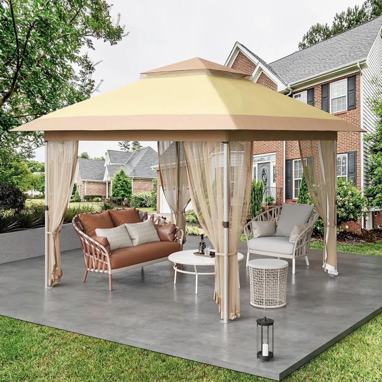 Beige 12ft x 12ft Outdoor Gazebo with Mosquito Netting and Curtains