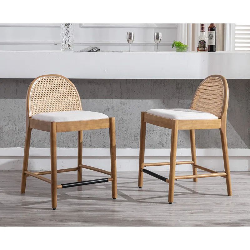 Beige Wood Counter Stools with Rattan Backrests, Set of 2