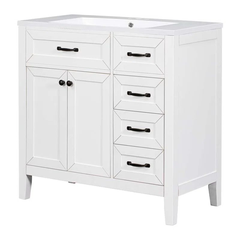 White Ceramic Top Freestanding Bathroom Vanity with Drawers
