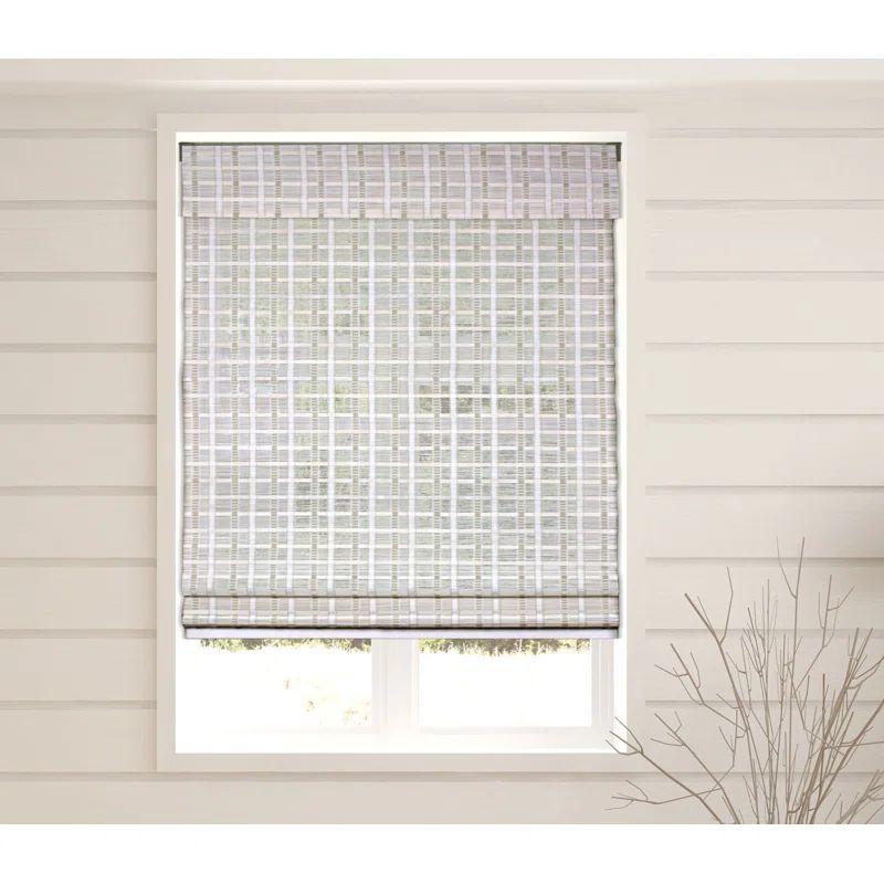 Cordless Whitewash Bamboo Roman Shade with Valance, 36"W x 60"H