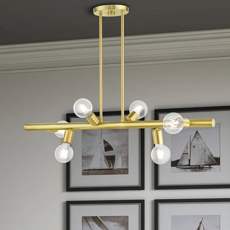 Satin Brass 6-Light Linear Chandelier with Exposed Bulbs