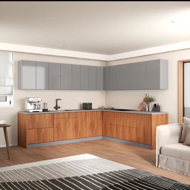 Gray Gloss and Wood Modern L-Shaped Kitchen Base Cabinets