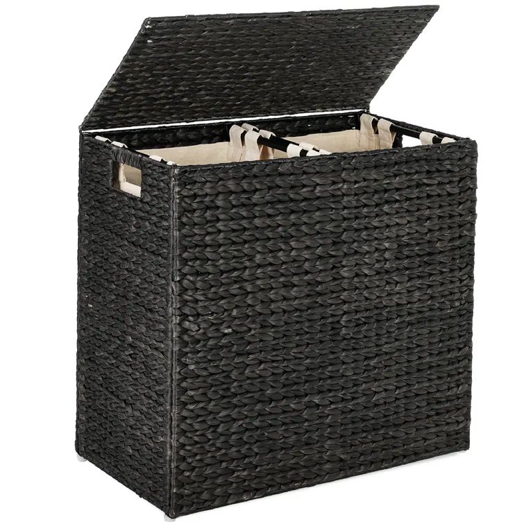 Large Black Handwoven Water Hyacinth Double Laundry Hamper