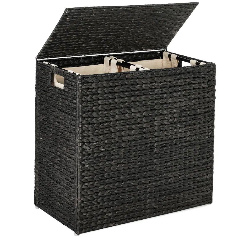 Large Black Handwoven Water Hyacinth Double Laundry Hamper