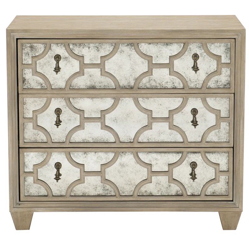 Beige Oak Transitional 3-Drawer Mirrored Nightstand