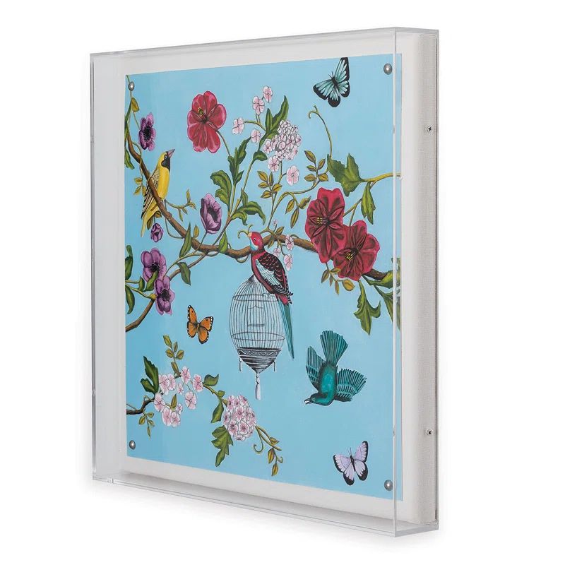 Hand-Embellished Bird and Flower Shadow Box Art