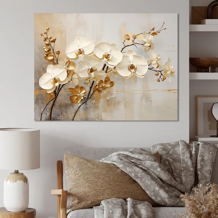 Minimalist Beige and Gold Orchids Canvas Wall Art