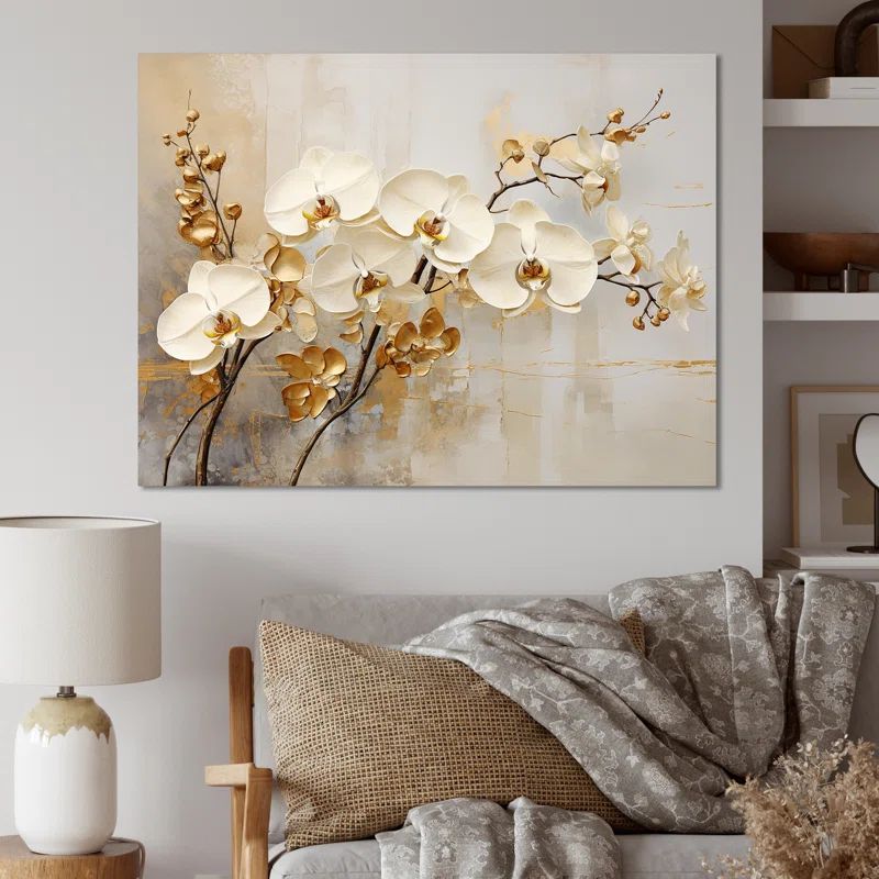Minimalist Beige and Gold Orchid Canvas Print, 16" x 32"