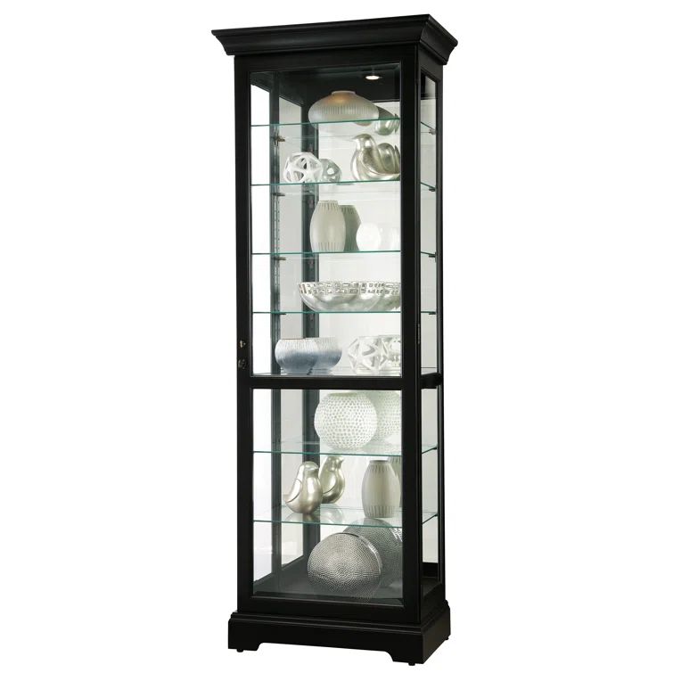 Traditional Black Satin Lighted Curio Cabinet with Adjustable Shelves