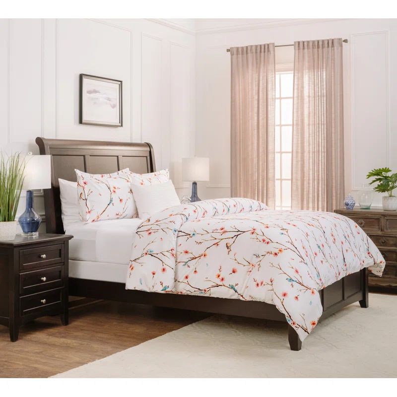 Spring Sakura Cherry Blossom Print Microfiber Queen Duvet Cover Set