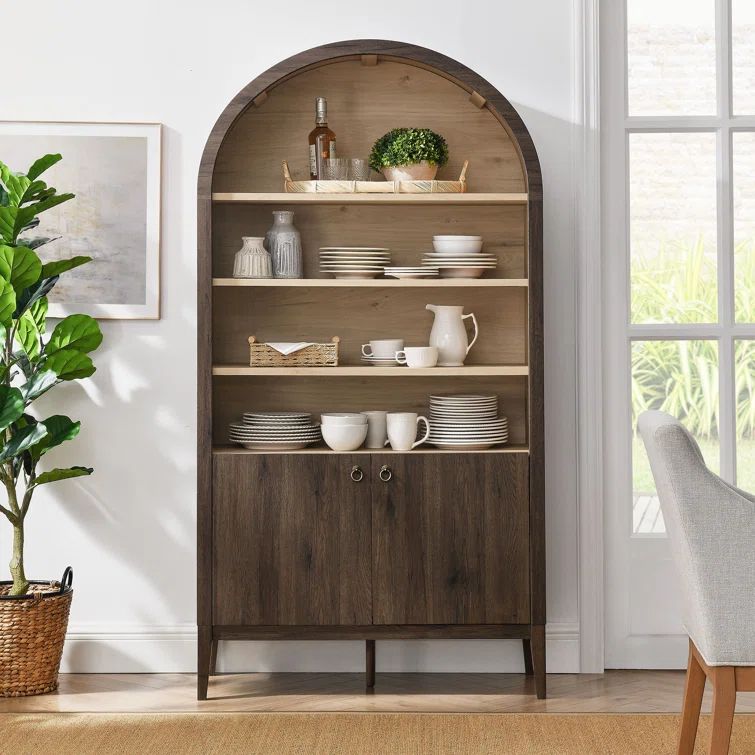 Nolan Tall Dark Walnut MDF Arched Storage Cabinet with Adjustable Shelves