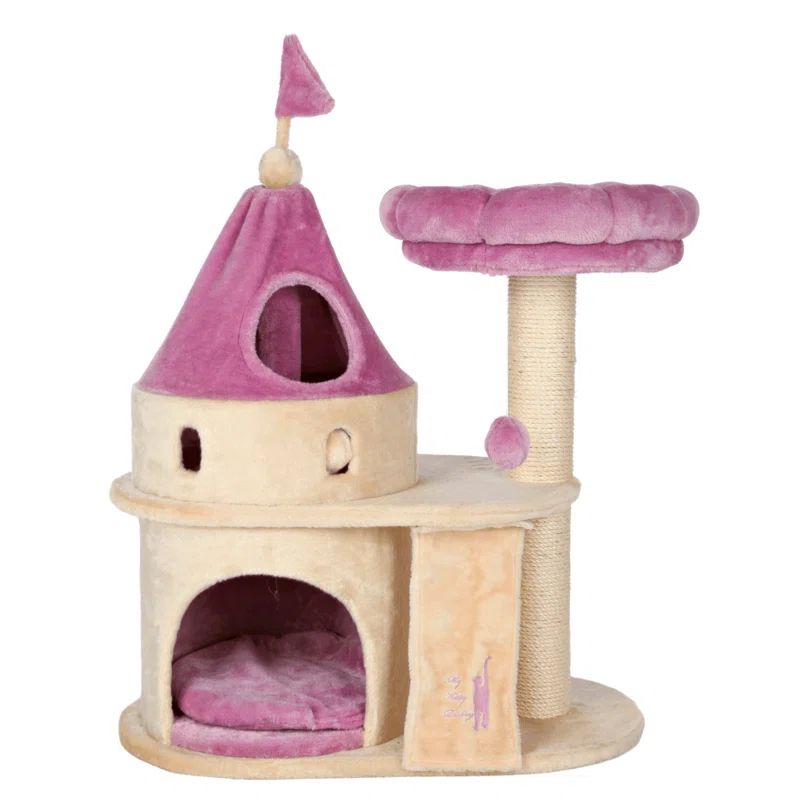 Beige and Lilac Plush Castle Cat Tree with Sisal Post