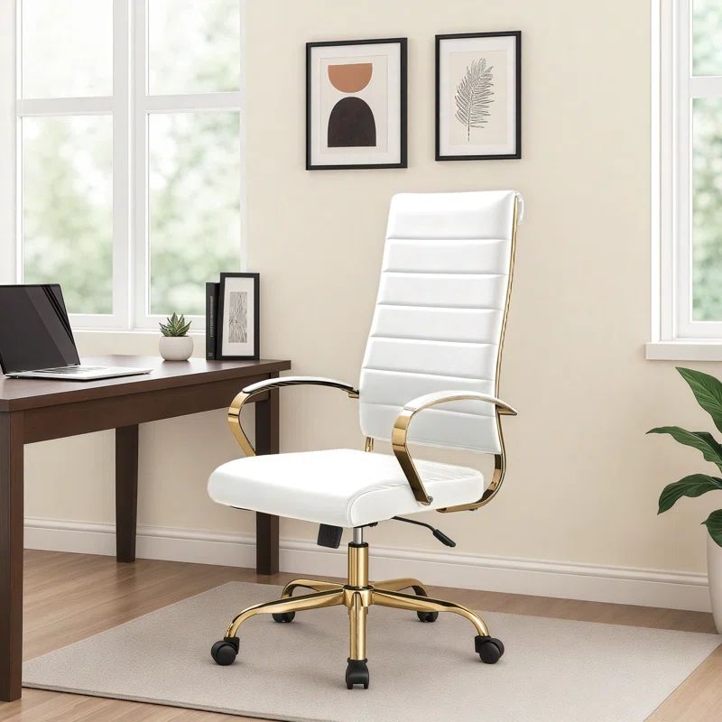 Mid-Century High-Back Swivel Office Chair in White Leather