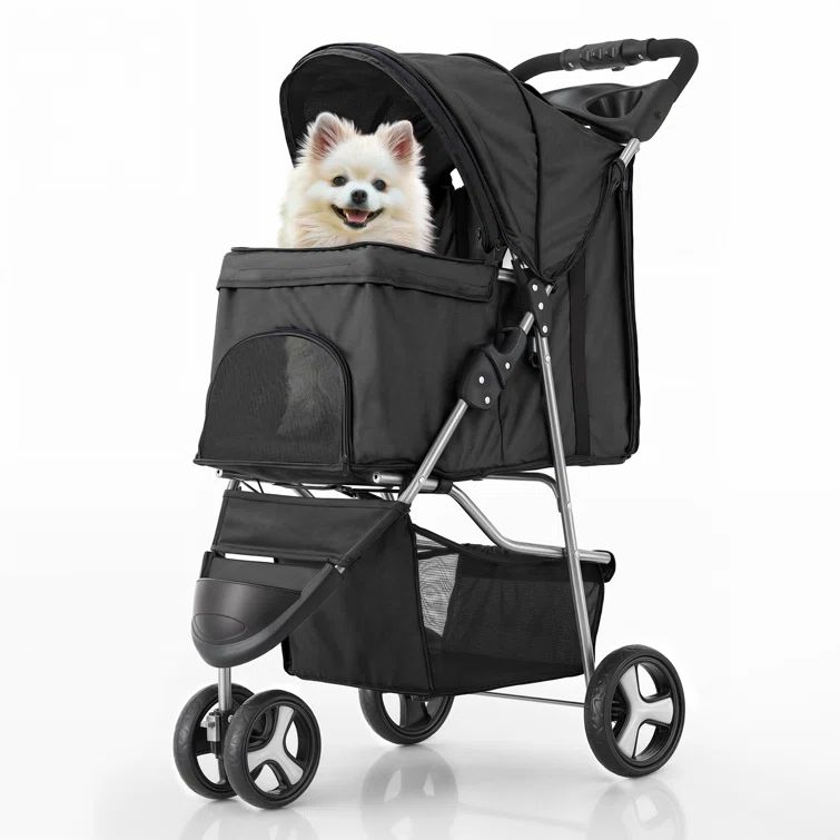 Black Foldable Pet Stroller with Storage Basket and Cup Holder