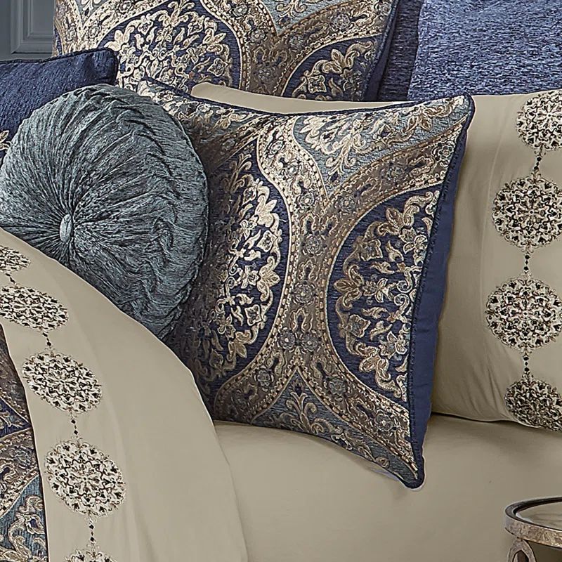 Navy Microfiber Queen Comforter Set with Gathered Embellishment