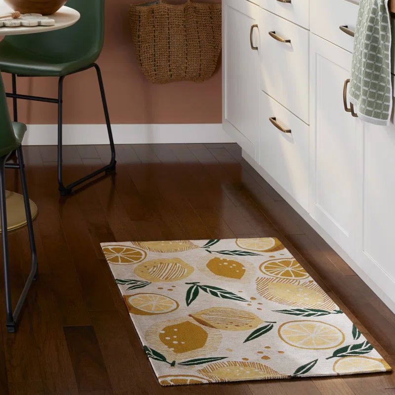 Cream Lemon Print Washable Non-Slip Kitchen Mat 24"x40"