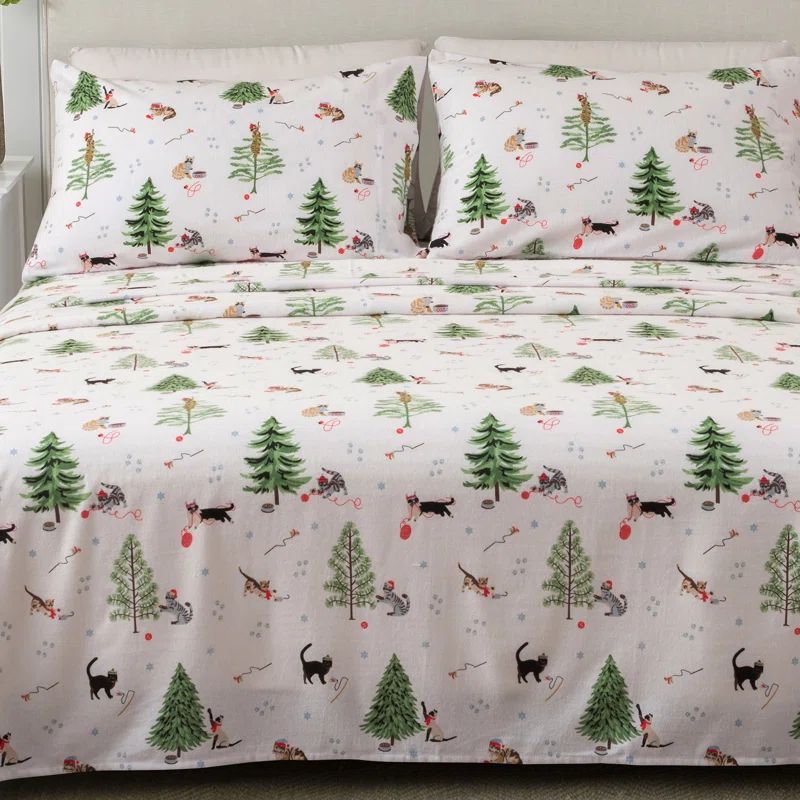 Queen Winter Cats Print Velvet Plush Microfiber Sheet Set