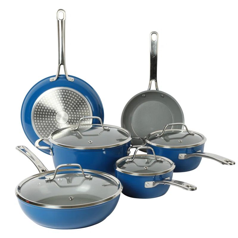 Blue Nonstick Aluminum and Stainless Steel 10-Piece Cookware Set