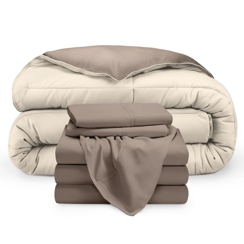 Twin Light Gray and Beige Microfiber Reversible Bed-in-a-Bag Set