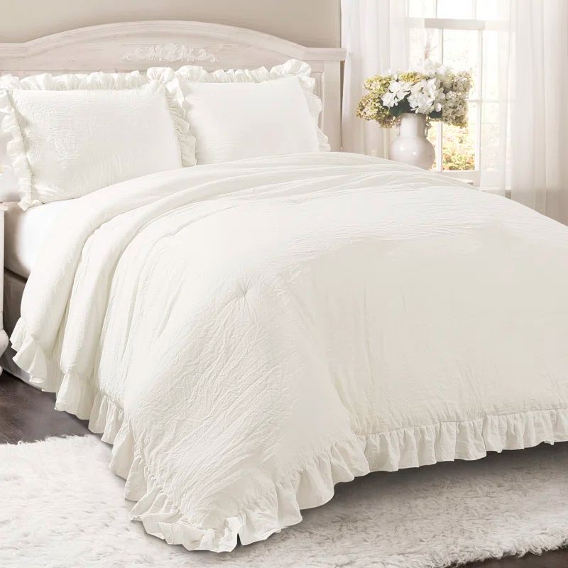 Full Off White Microfiber Ruffled Comforter Set