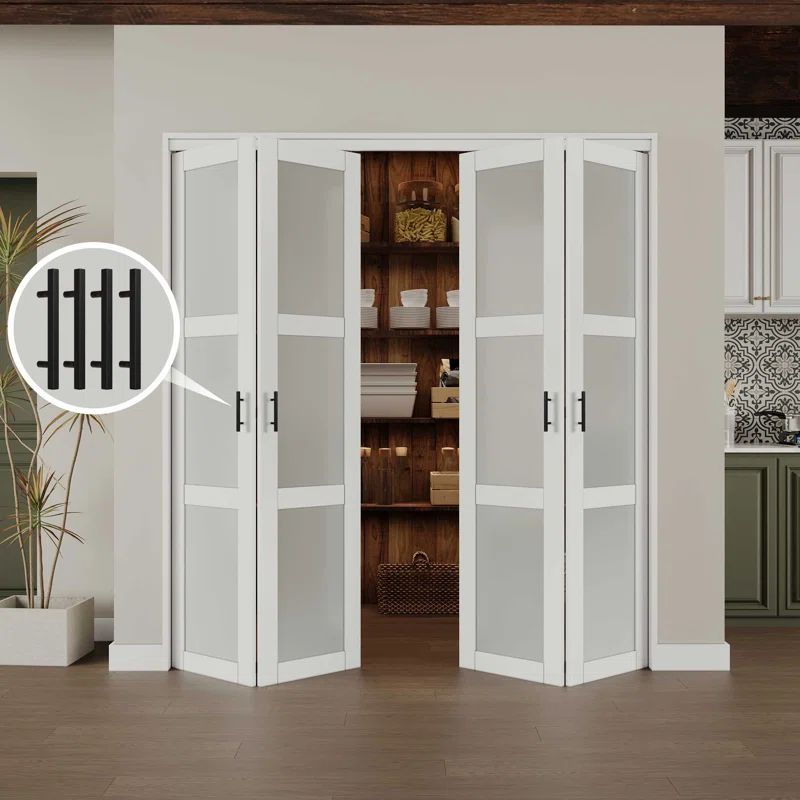 72 in. x 80 in. White MDF Bi-Fold Door with Frosted Glass Panels