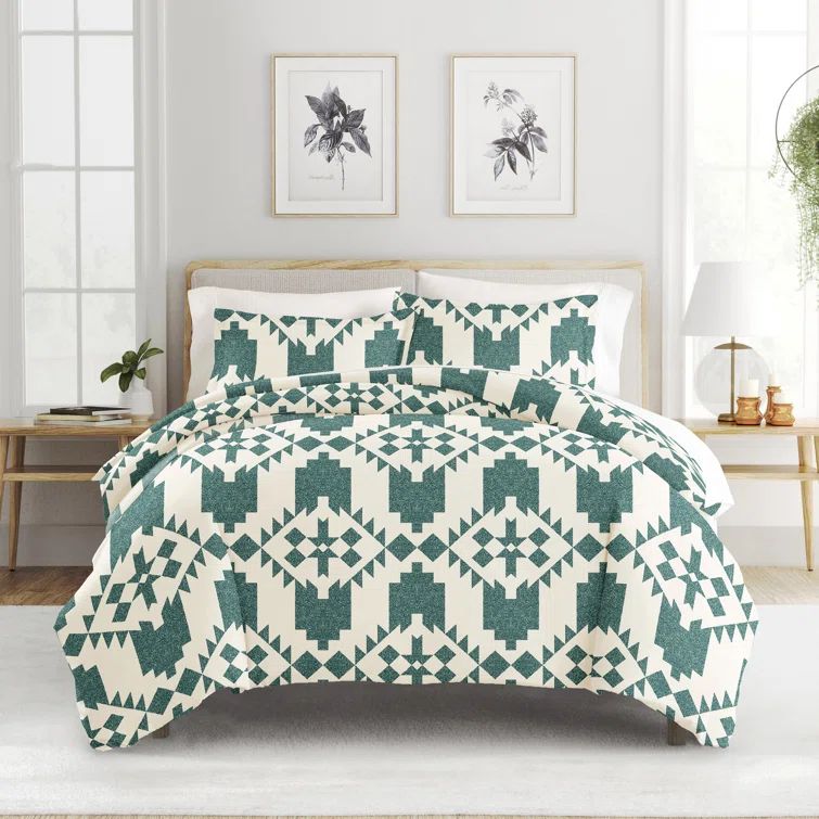 Teal and White Geometric Microfiber Twin Duvet Cover Set