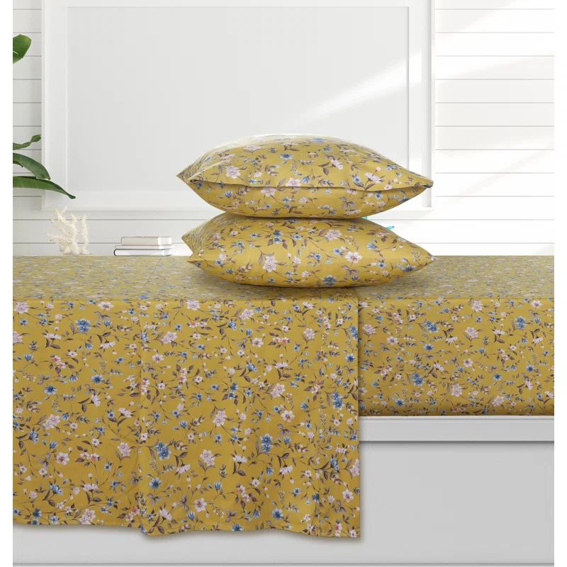 Queen Yellow Organic Cotton Floral Deep Pocket Sheet Set