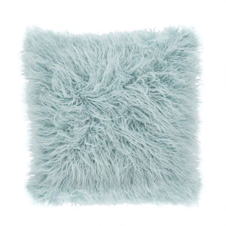 Ice Blue Faux Mongolian Fur Square Throw Pillow