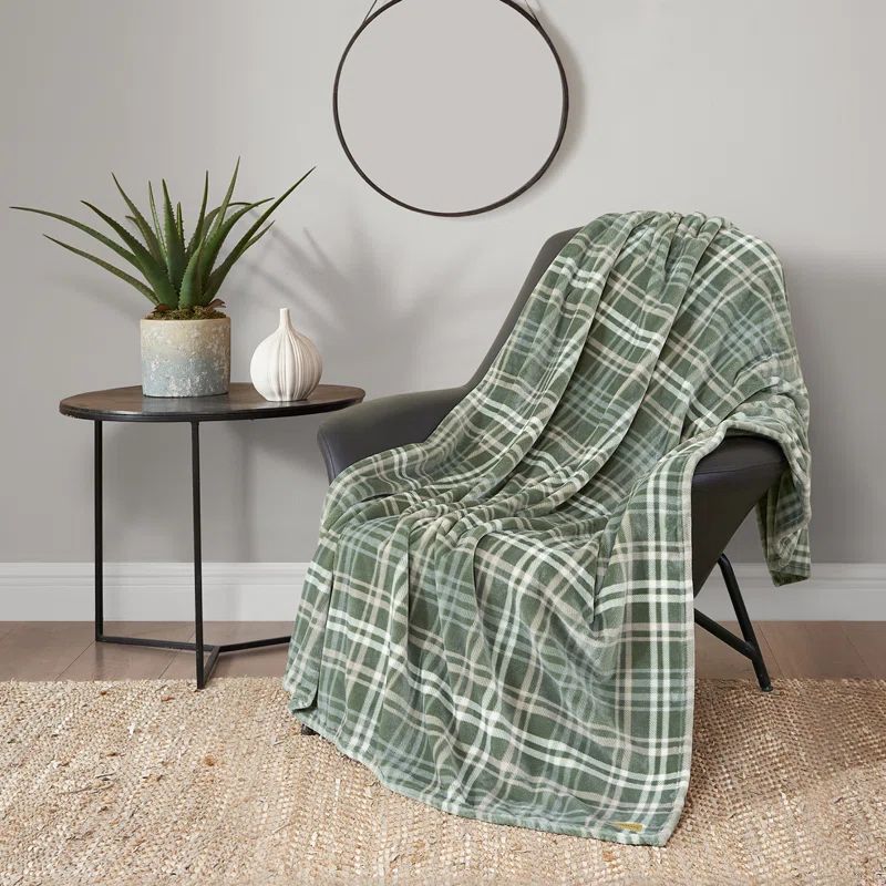 Olive Green Plaid Faux Fur Reversible Throw Blanket 50" x 70"