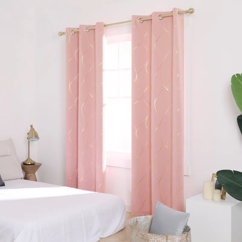 Coral Pink Gold Foil Blackout Thermal Insulated Grommet Curtains